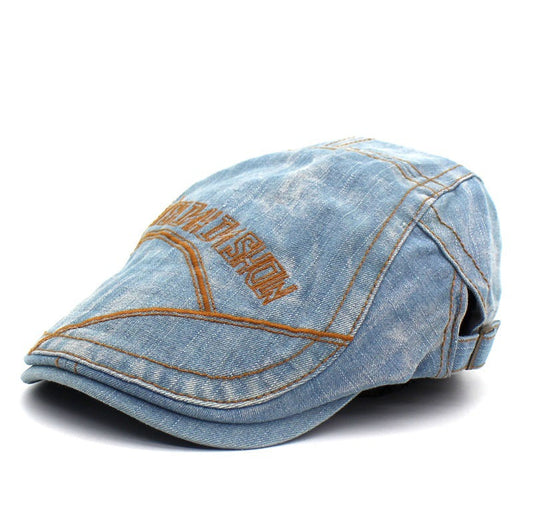 Unisex Flat Cap Washed Denim Embroidery Cabbie Hat