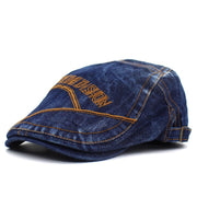 Unisex Flat Cap Washed Denim Embroidery Cabbie Hat