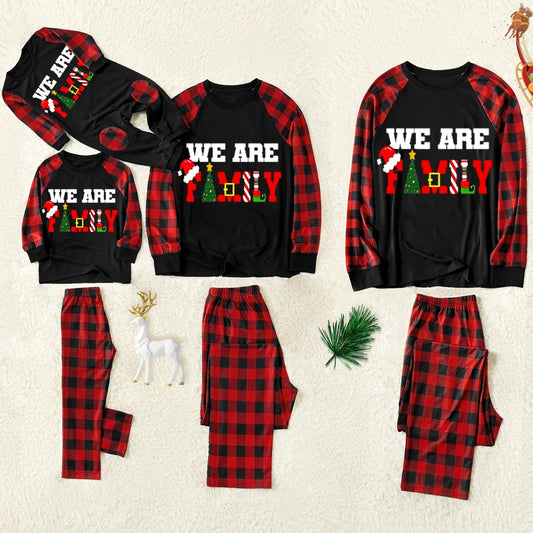 Christmas "We Are Family" Letter Print Patterned Contrast Black top and Black & Red Plaid Pants Family Matching Pajamas Set