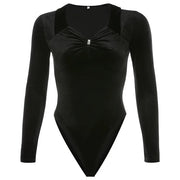 Palace Style Black Velvet Ruched Long Sleeve Bodysuit