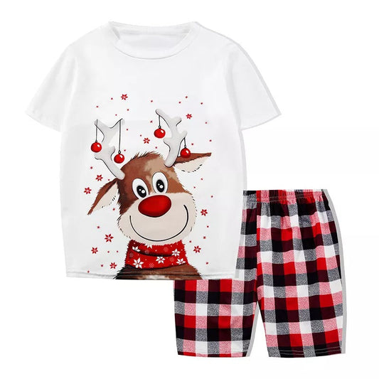 Christmas Deer T-shirt and Red Plaids Short Pants Christmas Family Matching Sleepwear Pajamas Sets