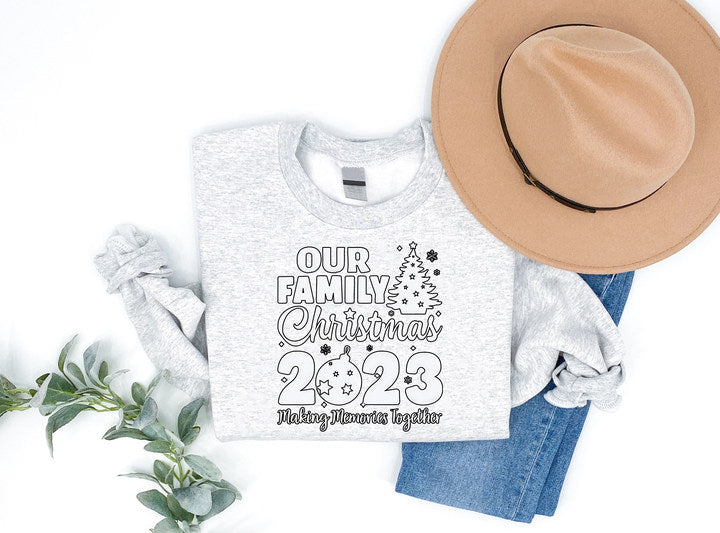'Our Family Chirstmas 2023 Making Memories Together' Letter Print Casual Long Sleeve Sweatshirts Gray Color Family Matching Pajamas Tops With Dog Bandana